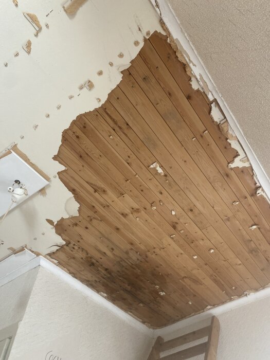 Trasigt tak med träpanel där målningen flagnat och mörka fläckar syns, tecken på fuktskada och potentiellt mögel från ett läckande rör.