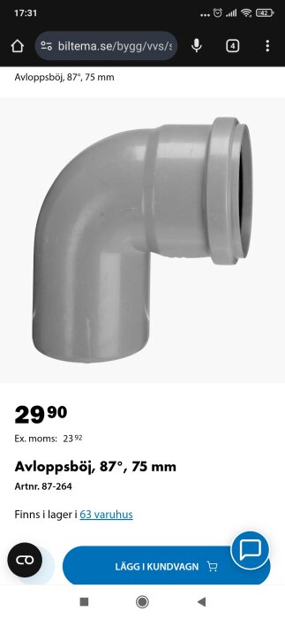 Avloppsböj 87 grader, 75 mm i grå plast med en bred krage, idealisk för användning i avloppssystem.