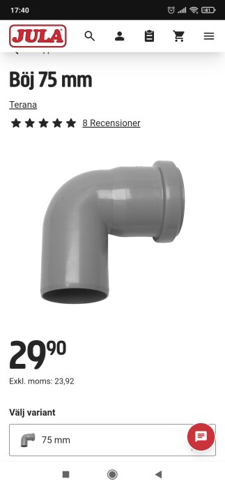 Grå 75 mm avloppsböj med krage, pris 29,90 kr exkl. moms. Från Jula, visas med produktnamn och recensioner.