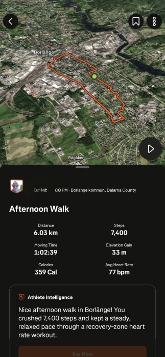 Karta över en promenad i Borlänge med rutt markerad i orange. Detaljer inkluderar distans, steg och högsta puls.