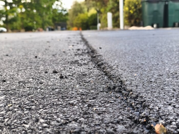 Ojämn nyasfalterad väg med tydlig nivåskillnad mellan mittendelen och sidodelarna, omgiven av grönska och soptunnor i bakgrunden.