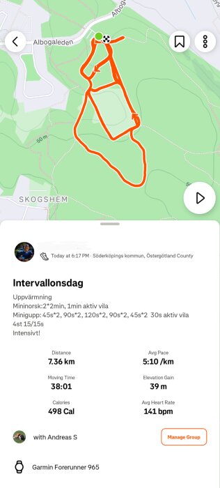 Karta över löprunda vid Skogshem, Söderköping, visar ruttens sträckning och statistik: 7,36 km, 38 min, 5:10/km, 498 kalorier, 141 bpm puls.