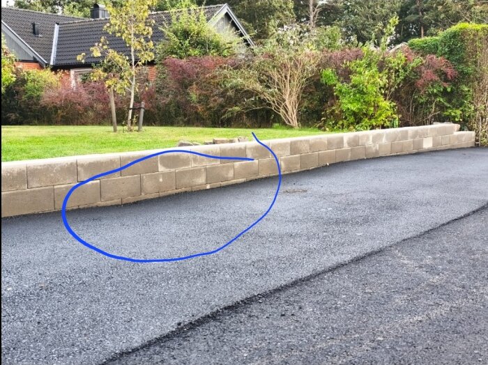 Grop i nyasfalterad uppfart markerad med en blå cirkel, ligger nära en mur vid en grön trädgård.