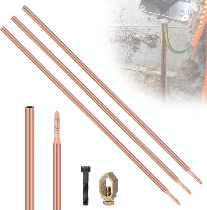 Jordspett i koppar med monteringsdetaljer, används för jordning i elinstallationer, stuga off grid.