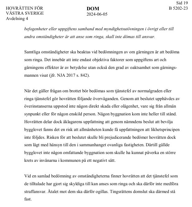 Dom från Hovrätten för Västra Sverige, målnummer B 5202-23, om tjänstefel och ringa brott, med hänvisningar till NJA 2017 s. 842.