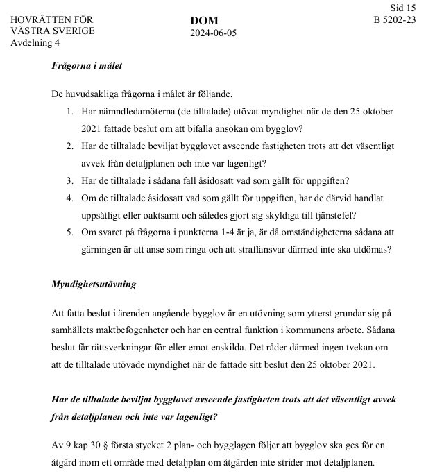 Domstolsdokument från Hovrätten för Västra Sverige angående ett bygglovsärende, målnummer B 5202-23, med flera frågor om myndighetsutövning.