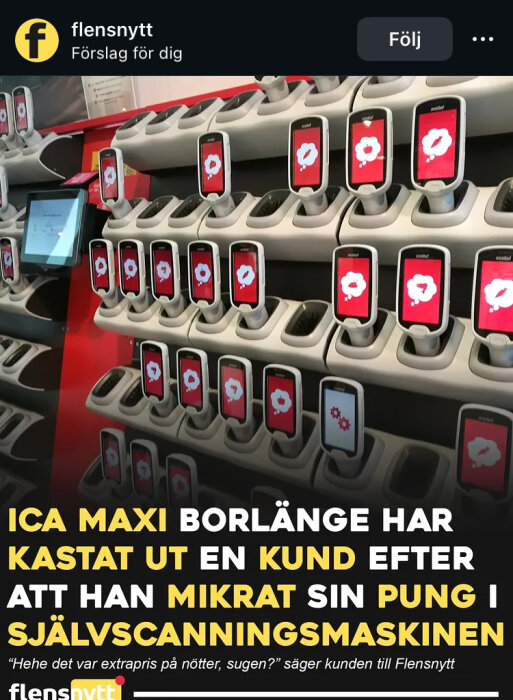 Samlade skanners med röda skärmar i en hylla på ICA Maxi Borlänge.