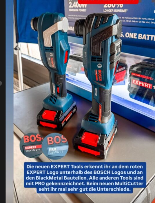 Två Bosch Expert Biturbo-skruvdragare står på en hylla, med produktinformation i bakgrunden.