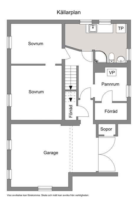 Planritning över källarvåning i ett hus från Tallkrogen, med sovrum, pannrum, förråd, garage och soprum markerade.