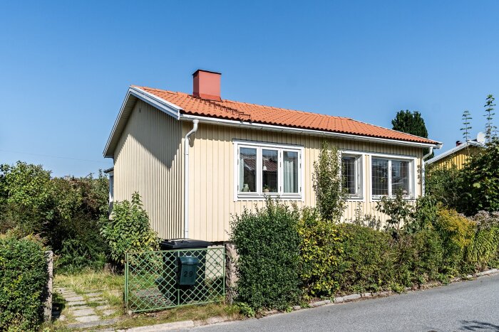 Enplanshus i Tallkrogen från 1936 med gul fasad, rött tegeltak och omgivande trädgård med grön buskage och en grön staket vid ingången.
