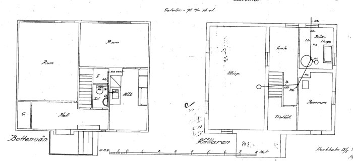 Byggnadsritning från 1936 med planlösning för bottenvåning och källare, visar rum, hall och pannrum. Texter och markeringar i bilden.
