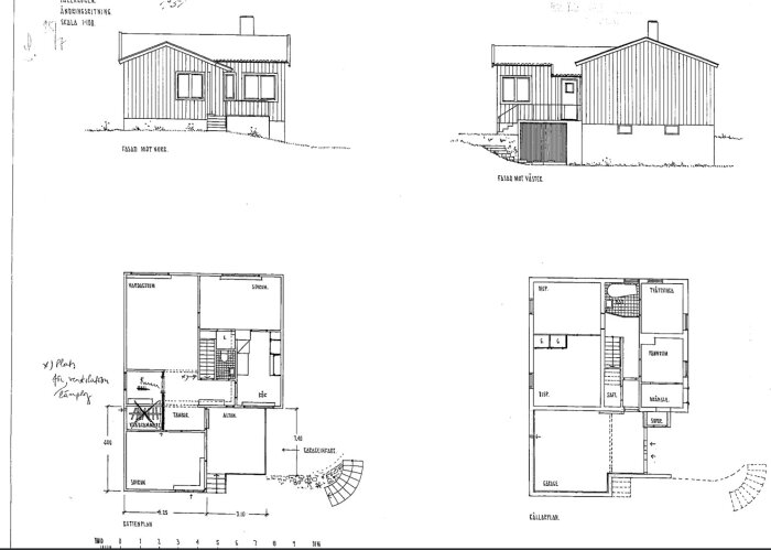 Ritning av ett enplanshus med källare, fasadvy och planritningar från 1936. Vissa väggar är markerade för bärande funktion.