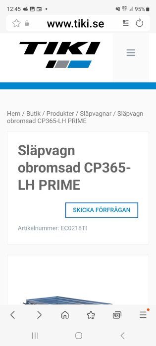 Webbsida visar släpvagnsmodell CP365-LH PRIME från Tiki, med artikelnummer EC0218TI och möjlighet att skicka förfrågan.