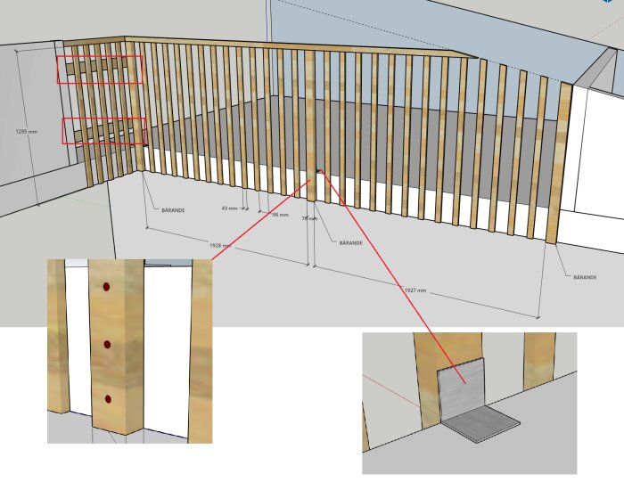 3D-ritning av staket på loft med infästningsdetaljer. Vertikala stolpar och horisontella brädor markerade. Mätningslinjer och röda rutor synliga.