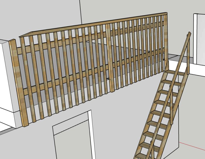 Loft med horisontella träbrädor och en trappa i en byggnadsritning.