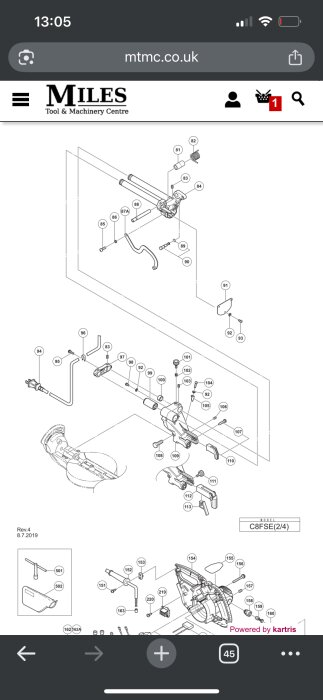 Exploderad ritning av Hitachi C8FSE kap- och gersåg, visar komponenter och deras placering.