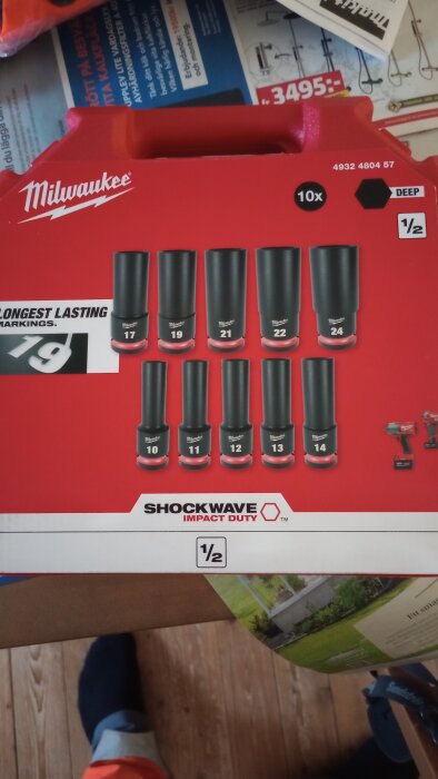 Förpackning med Milwaukee långhylsor i storlekarna 10-24 mm, Shockwave Impact Duty-serien, på ett bord med reklamblad i bakgrunden.