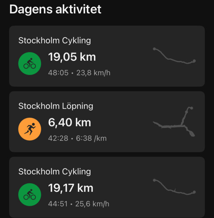 Skärmdump av dagens aktivitet med cykling 19,05 km och 19,17 km samt löpning 6,40 km, med tid och hastighet för varje session i Stockholm.