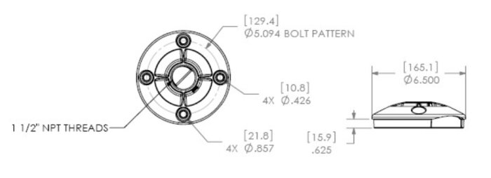 Diagram över projektorfäste med mått, visar hålmönster för skruvar och gänga detaljer på sidan.
