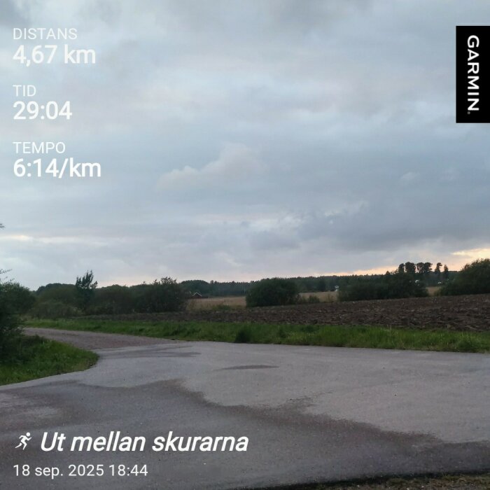 Landskapsvy med gråa moln och en asfalterad väg som svänger genom jordbruksmark. Garmin-data om distans och tempo syns ovanpå bilden.