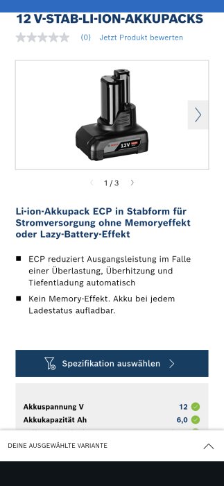 Ett 12V litium-jon-batteri från Bosch, visas med detaljerad specifikation och laddningsfunktioner.