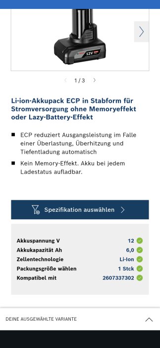 12V Li-ion-batteri från Bosch med specifikationstext på tyska, visar ECP-teknologi och kompatibilitet.