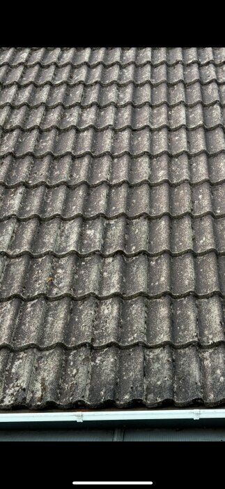 Betongtakpannor från 1970-talet med pågående erosion, delvis utan ytskydd, och rester av mossa efter rengöring.