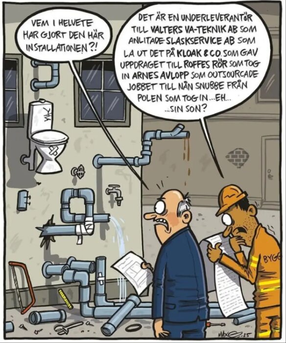 Tecknad serie över rörinstallation med dåligt monterade rör, en man i kostym och en byggarbetare diskuterar problematiken. Texter om entreprenörer visas.