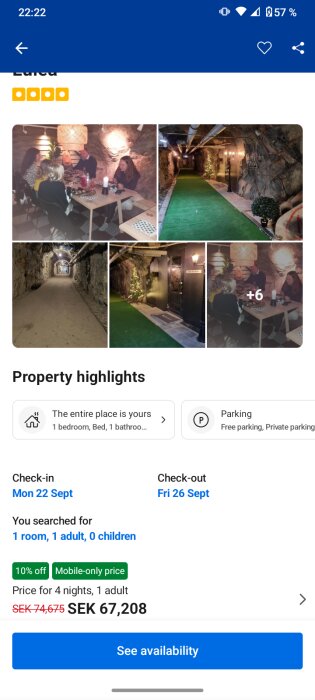 Gruvlägenhet med bilder på middagsbord och underjordisk korridor med grönt golv och väggar av sten, bokningsdetaljer syns nedanför.