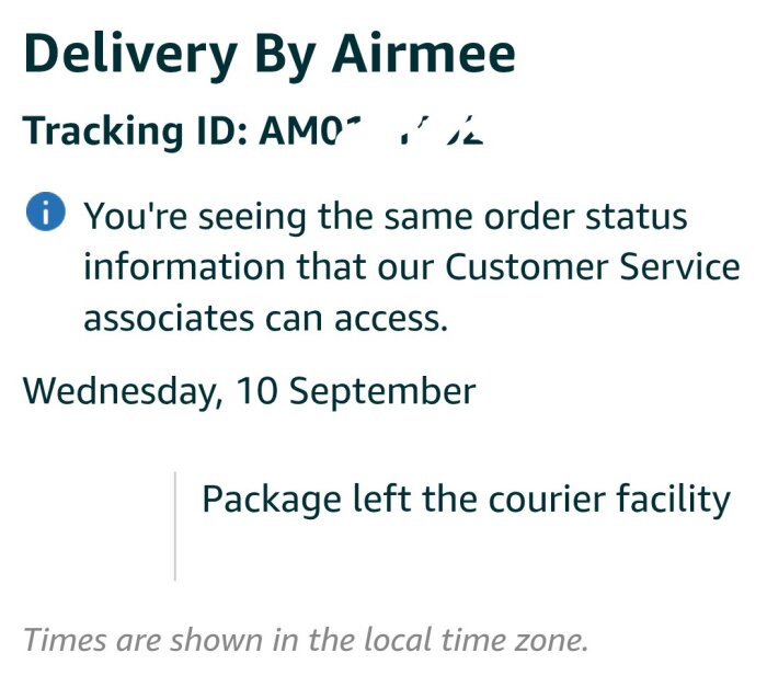 Amazon leveransspårning: Paket lämnat kurirens anläggning, 10 september, med information om kundserviceåtkomst.