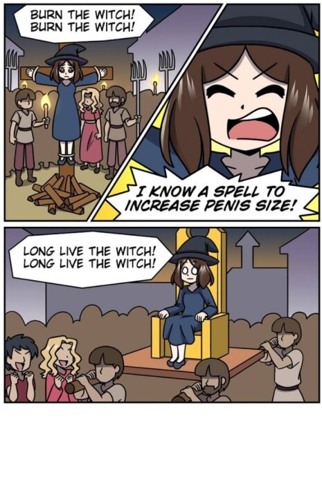 Tecknad serie om en häxa som först är hotad, men sedan hyllas efter att ha nämnt en trollformel för att öka penisstorlek.