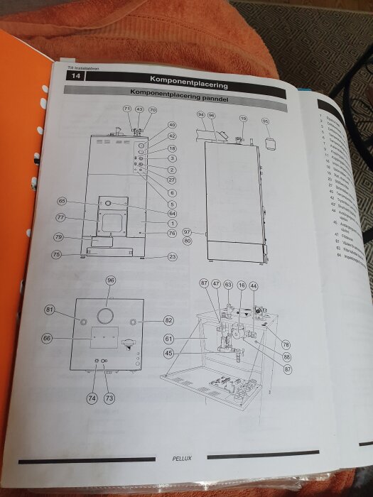 Ritning över komponentplacering i en Pellux värmepanna med numrerade delar och etiketter, visas i en instruktionsbok.