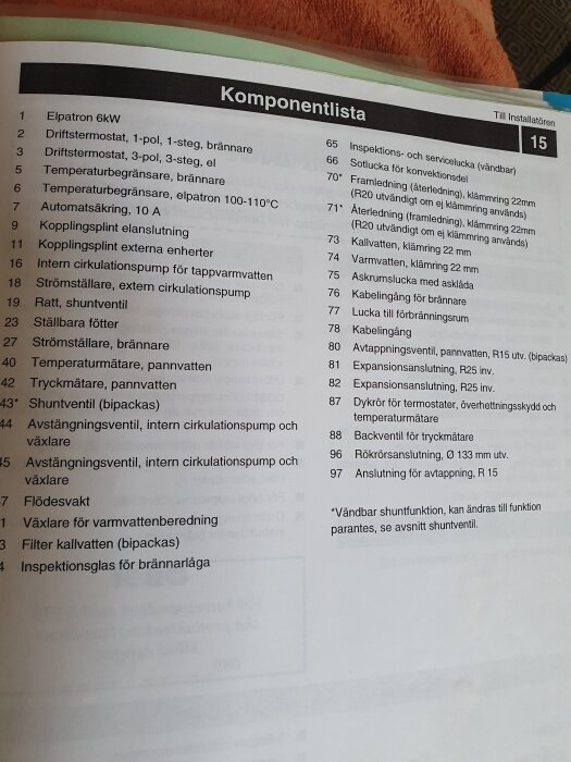 Komponentlista ur installationsmanual med lista över delar som elpatron, driftermostat och flödesvakt för värmepanna, sida 15.