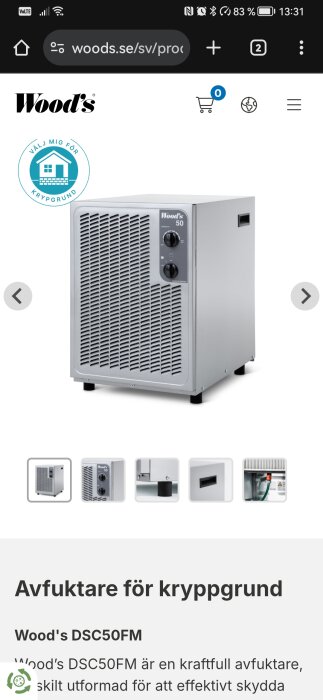 En silverfärgad Woods DSC50FM avfuktare med rattar, designad för krypgrund, som kan täcka en yta upp till 100 kvadratmeter.