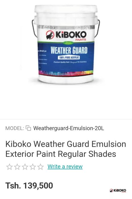Bild av en 20L hink med Kiboko Weather Guard Emulsion utomhusfärg, prissatt till 139,500 Tanzanian Shilling.
