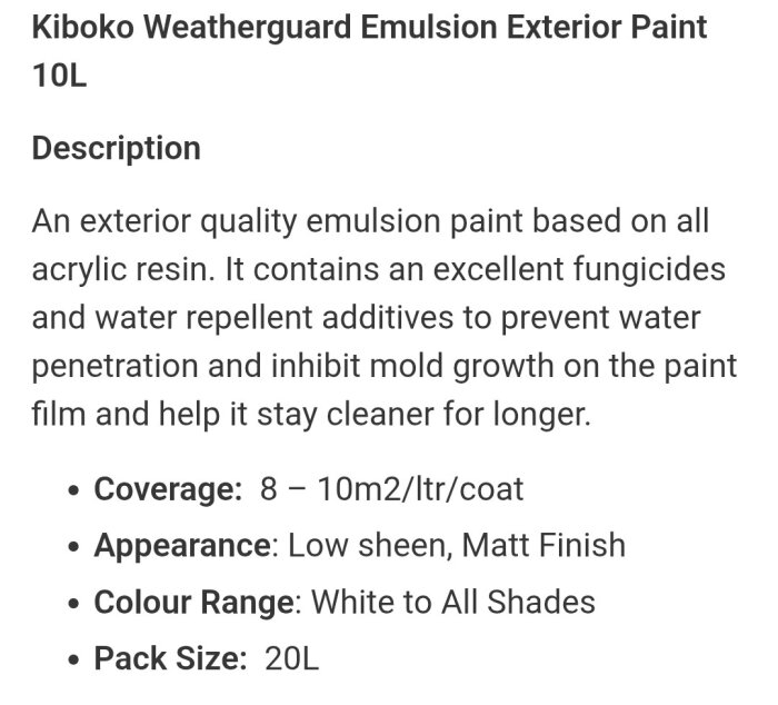 Textbeskrivning av Kiboko Weatherguard Emulsion Exterior Paint, 10L, med detaljer om täckning, utseende, färgintervall och förpackningsstorlek.