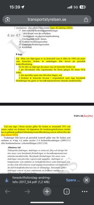PDF-dokument från Transportstyrelsen om undantag från kontrollbesiktning för fordon av årsmodell äldre än 1960.