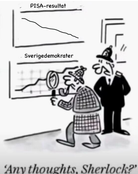 En tecknad bild visar en detektiv som undersöker ett diagram märkt "PISA-resultat" med en nedåtgående kurva, med texten "Sverigedemokrater".