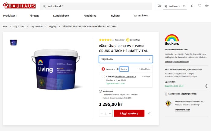 Beckers Living Fusion väggfärg, 9L, helmatt vit för inomhusbruk, pris 1295 kr på Bauhaus webbplats.