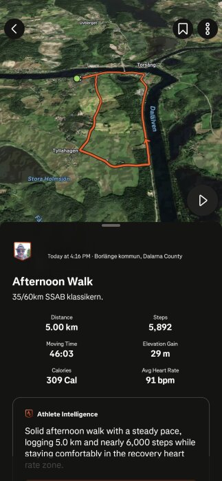 Karta över promenadrutt i Borlänge med markeringar, visande distans 5 km, tid 46:03, kalorier 309, höjdstigning 29 m och stegräkning 5892.