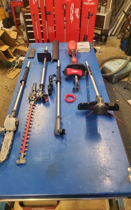 Trädgårdsverktyg från Milwaukee spridda på ett bord, inklusive motorsåg, häcksax och olika tillbehör.