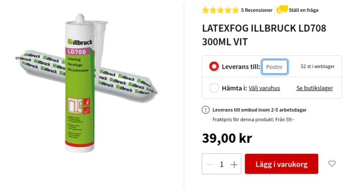 Latexfog Illbruck LD708 300ml vit, produktbild med pris 39 kr och leveransalternativ.