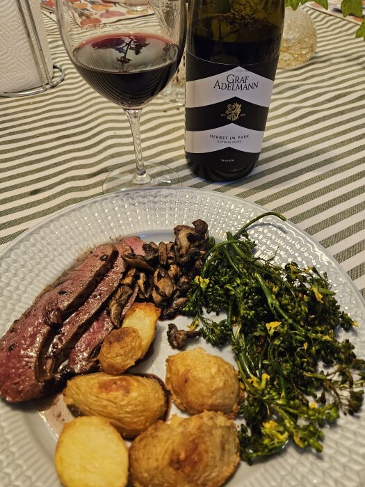 Hjortytterlår med rostad potatis, kungschampinjoner och broccoliskott på tallrik, vinflaska och glas bredvid.