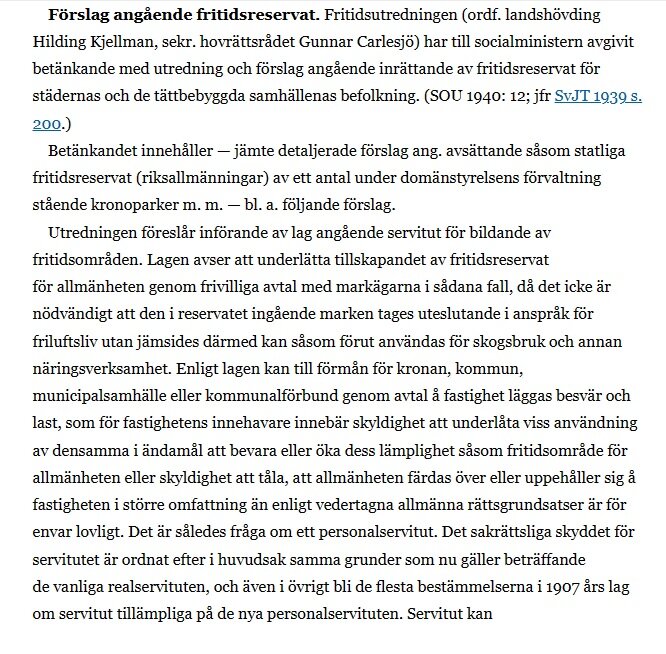 Utdrag ur en historisk text om förslag angående inrättandet av fritidsreservat för städernas och tätbebyggda samhällenas befolkning från 1940.