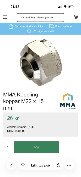 MMA kopparledning koppling M22 x 15 mm från Purmo, pris 26 kr, artikelnummer 67946, visas på en nätbutikssida.