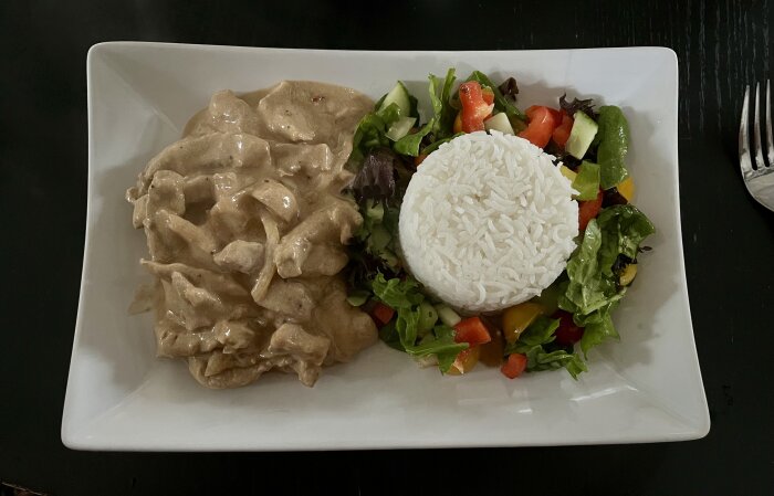 Tallrik med biffgryta, ris och sallad. Grytan består av biff, lök och champinjoner i sås, serverat med en färgglad sallad.