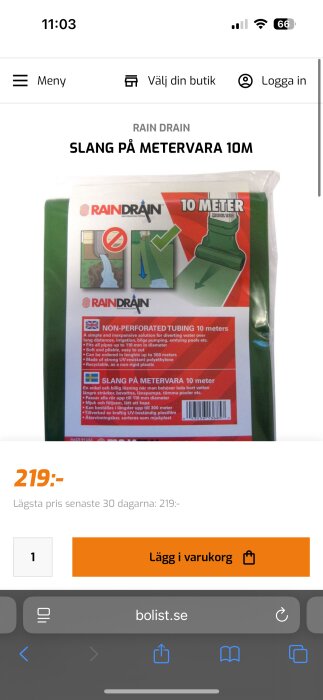 Grön Rain Drain slang 10 meter för vattenavledning, 219 kr på bolist.se.
