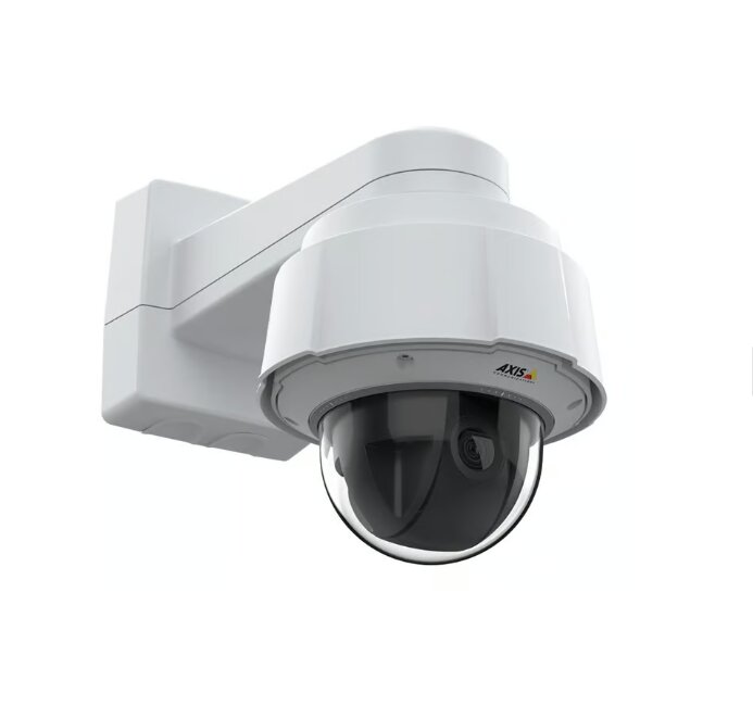 Övervakningskamera AXIS Q6078-E PTZ monterad på vägg, vit design med kupolformad lins.