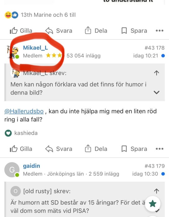 En skärmdump av ett diskussionsforum där ett användarnamn är markerat med en röd ring och stjärnor, med text om humor i bilden.