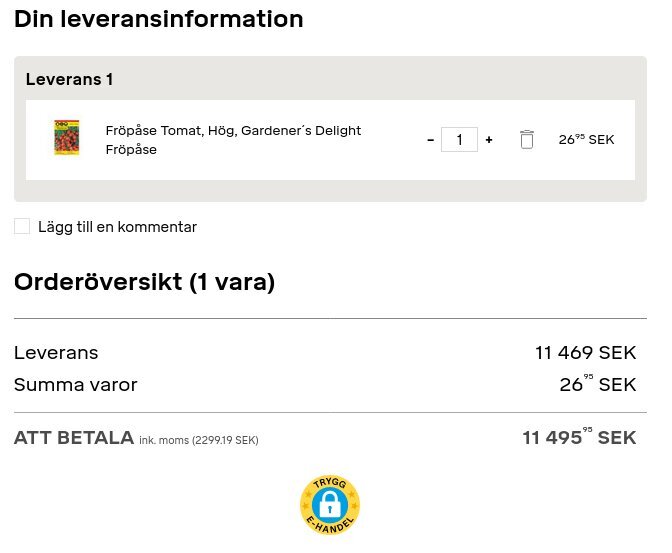 Orderöversikt för fröpåse, "Gardener's Delight", med leveranskostnad 11 469 SEK, total kostnad 11 495,95 SEK, inklusive moms.